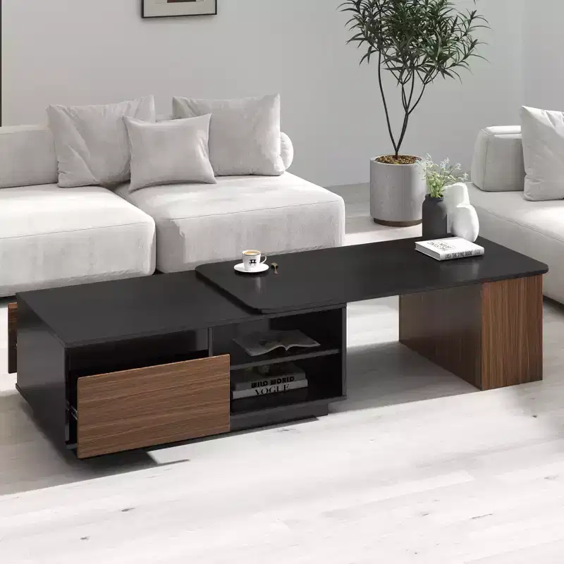 Modern Extendable Coffee Table with 2 Drawers and 2-Tier Shelves