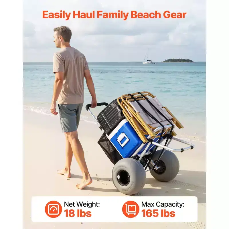 Beach Dolly with Big Wheels for Sand 20x15 Cargo Deck Folding Sand Cart 165 lbs Silver+Black