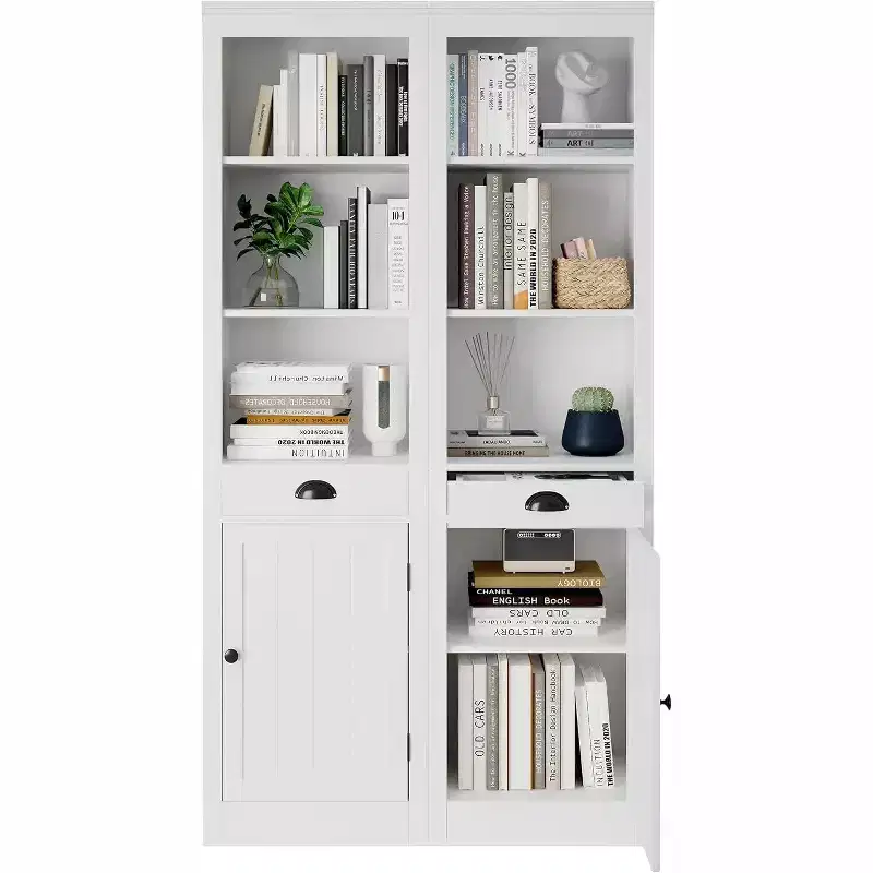 Acekool 71 Tall Bookcase with Cabinet, 3-Shelf Bookcase and Adjustable Storage, Modern Organizer, White, 2-Pack