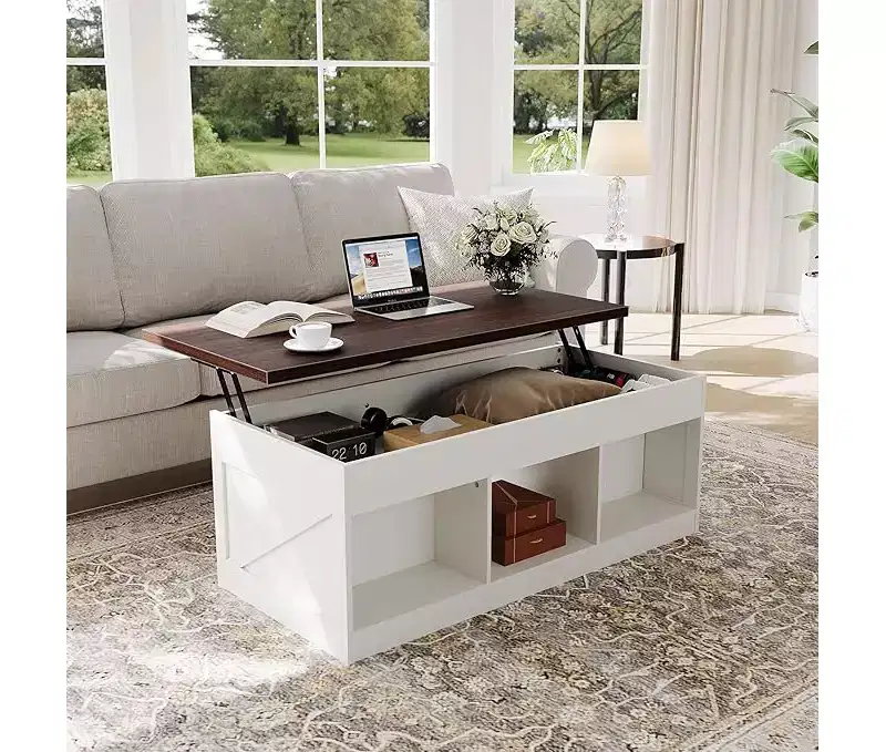 Farmhouse Lift Top Coffee Table with Hydraulic Height Adjustment Multifunctional Adjustable End Table Featuring Hidden Storage Compartment