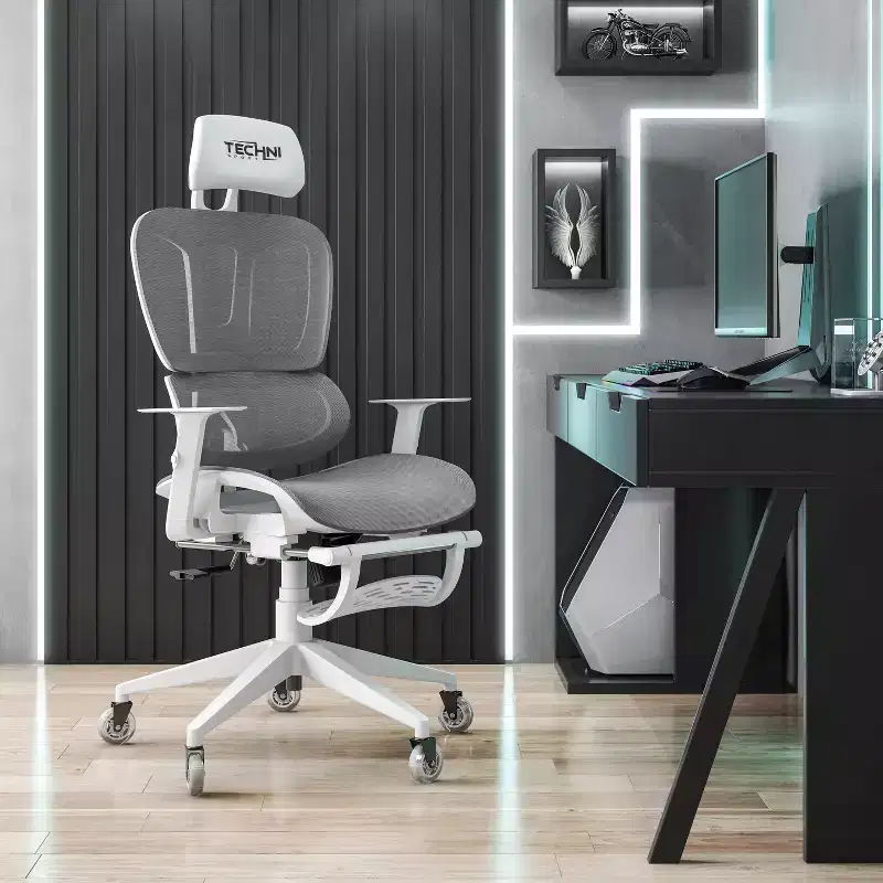 Airflex2 Mesh Gaming Chair with Footrest White - Techni Sport: Synchro-Tilt, 275 Lbs Capacity, Ergonomic Design