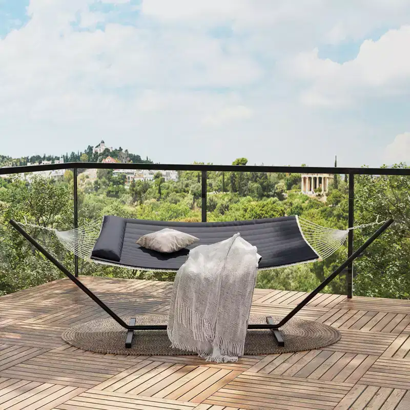 Double Hammock with Space Saving Steel Stand, 2 Person Cotton Rope Hammock with Pillow & Padded Pad, Portable for Backyard, Patio, Garden