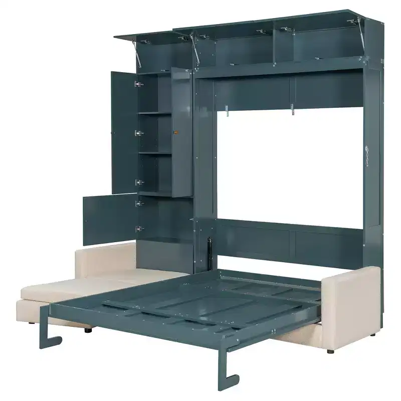 Queen Murphy Wall Bed with Beige Sofa and Shelves, Green Panel