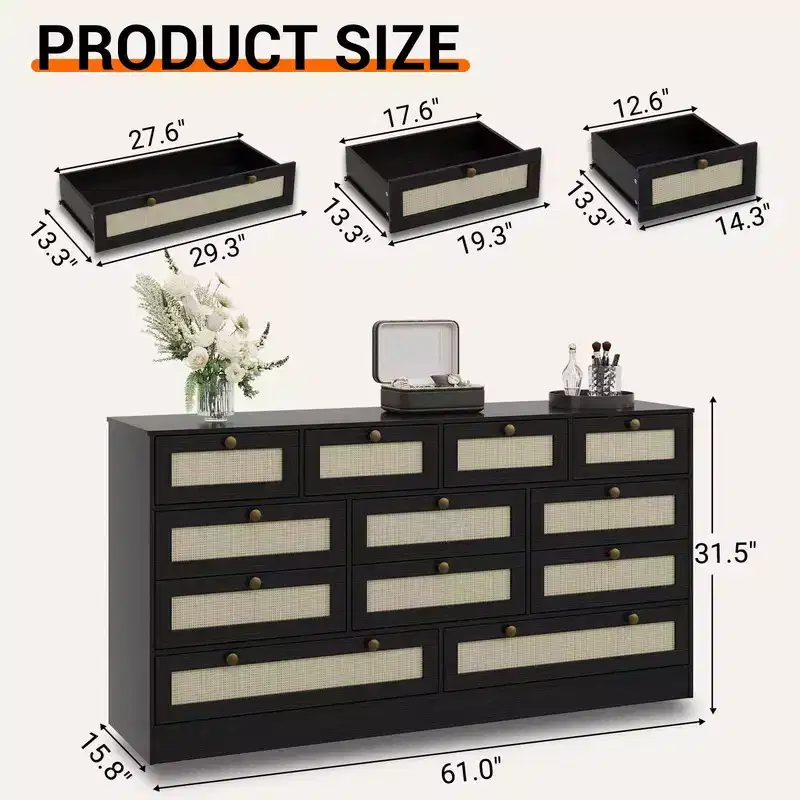 Coolmee Wood Dressers for with 12 Rattan Drawers, 61 Wide Chest of Drawers, Hallway, Wooden Closet Dressers, Modern TV Stand Dresser for 65 Inch TV
