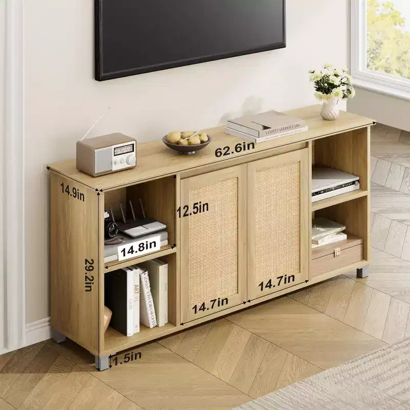 Mid-Century TV Stand for 60-70 Inch TVs, Boho Rattan Door Entertainment Center, 62.6 Wide Open Shelf Media Console, Living Room Bedroom Furniture