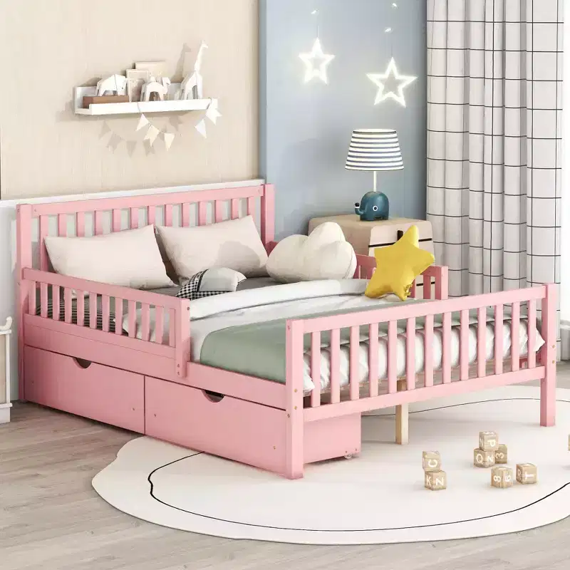 Full Size Wood Platform Bed with Guardrails on Both Sides and Two Storage Drawers Pink