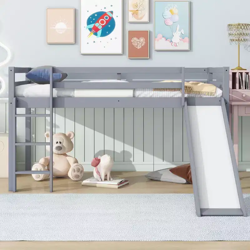Twin Low Loft Bed with Slide, Ladder and Safety Guardrails - Gray