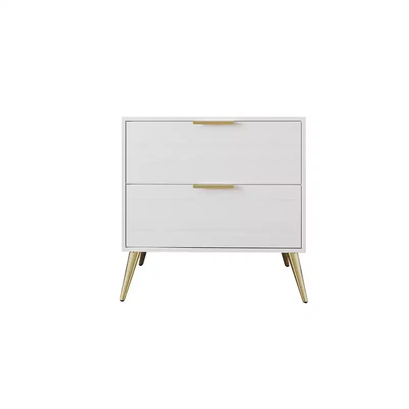 2-Drawer Nightstand with Gold Legs and Handles, Solid Wood