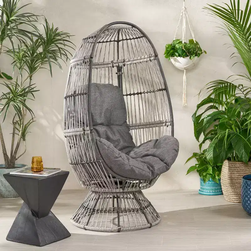 GDFStudio Reeve Outdoor Wicker Swivel Egg Chair with Cushion