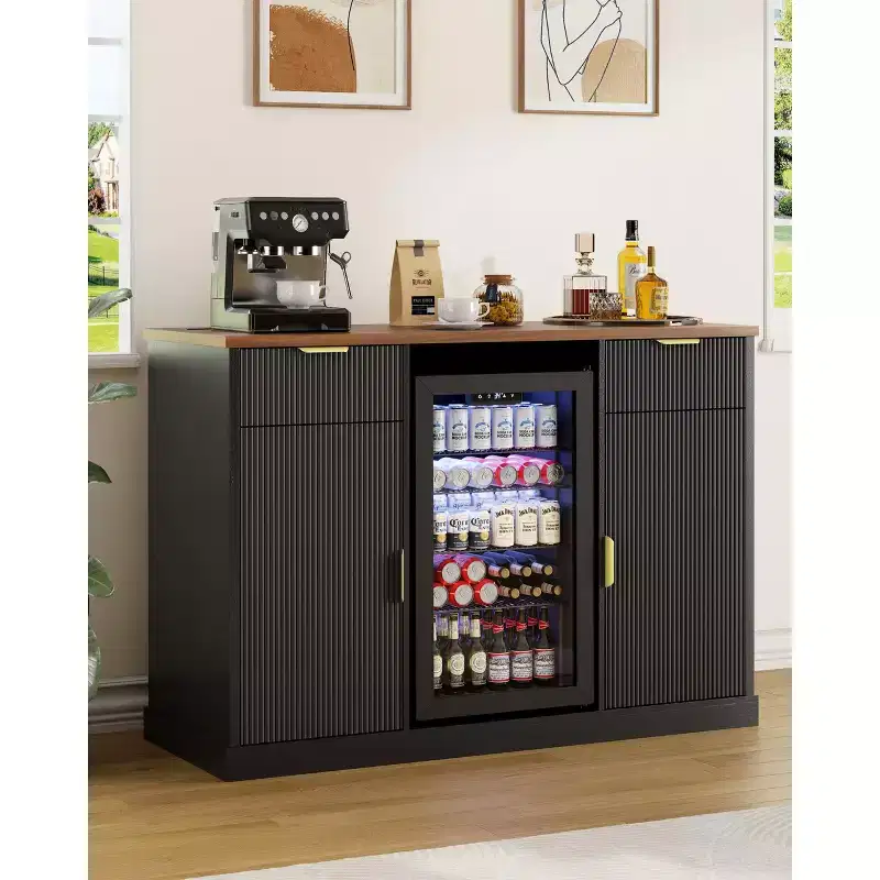 55 Large Coffee Bar Cabinet with Fridge Space, Modern Buffet Sideboard with Built-in Outlets for Living Room, Dining Room or Home Bar, Black