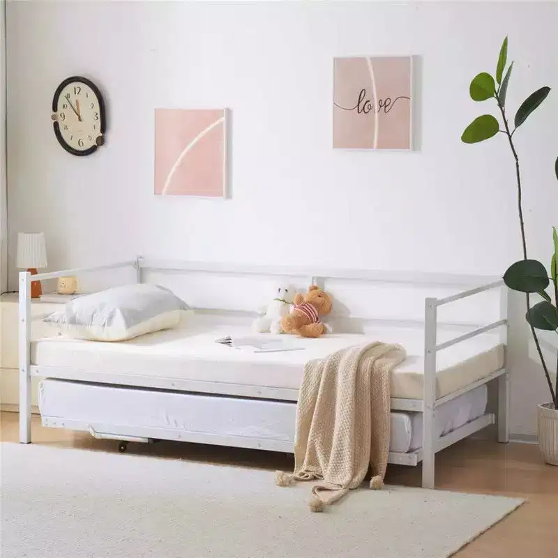 Karl Home White Twin Size Daybed with Pop Up Trundle Heavy Duty Metal Twin Bed with Trundle No Box Spring Needed