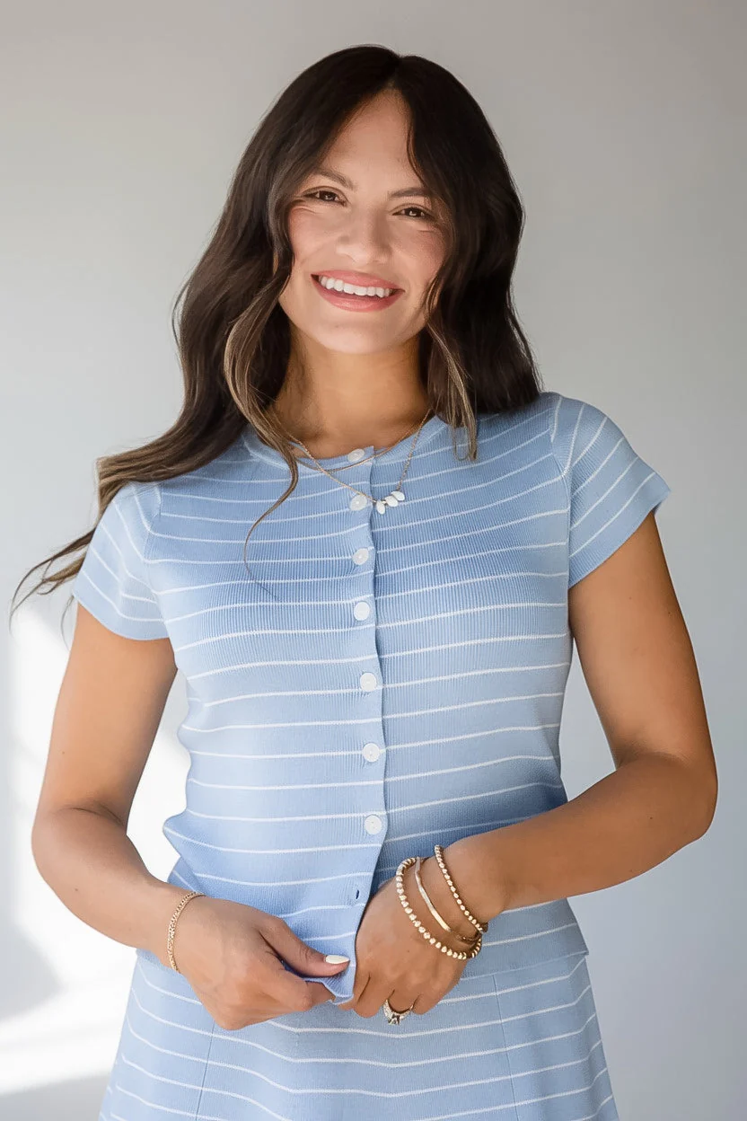 Stripe Button Front Fitted Capped Sleeve Top