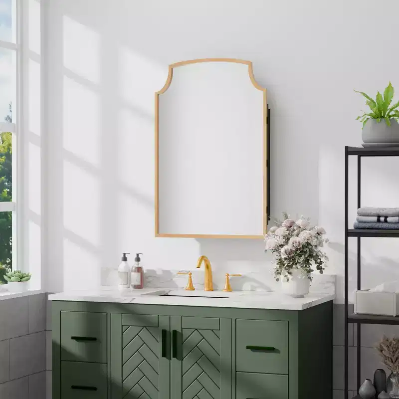 19.5 x 29.64 Inch Gold Slightly Arch Wrought Iron Framed Medicine Cabinet With Mirror, Wall-mounted Mirror Cabinet For Bathroom