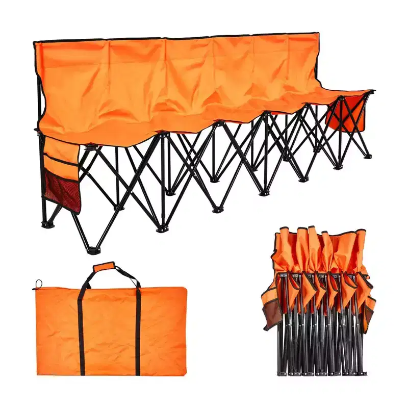 Portable Folding Bench, 6 Seat Foldable Soccer Bench with Side Pockets and Carrying Bag, Lightweight Sideline Seating with Back Rest for Football
