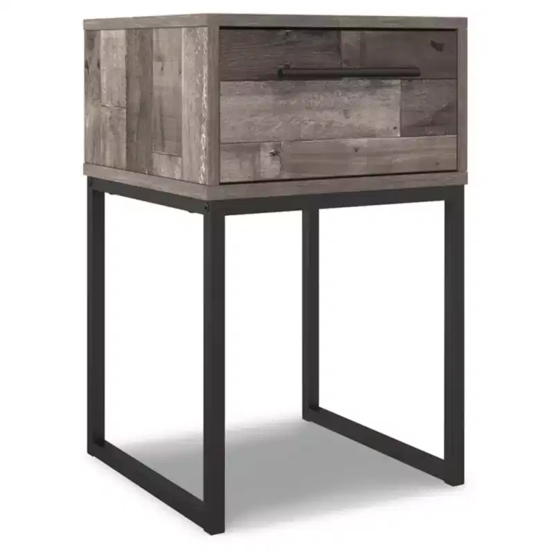 Neilsville Nightstand Black/Gray/Beige - : Rustic Mid-Century Modern, Metal Frame, Drawer