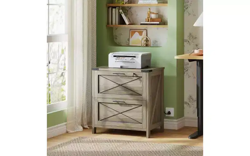 DEXYLLO Lateral File Cabinet with Lock, 2 Drawers & Charging Station, Farmhouse Wood Printer Stand with Large Storage