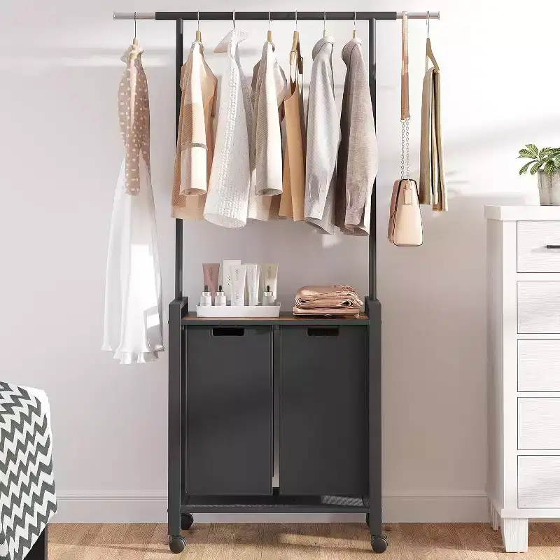 Laundry Sorter Cart with Hanging Rack & Utility Shelf Section Rolling Laundry Hamper with Lockable Wheels Laundry Basket Organizer for Laundry Room