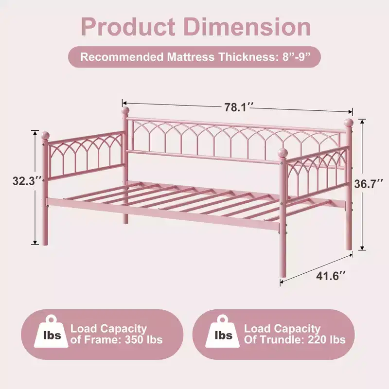 COZONY Twin Size Daybed / Trundle Bed Frame, Steel Slat Support, Locking Wheels, Pink
