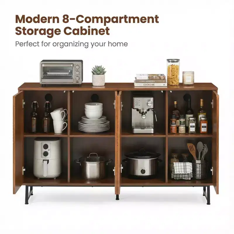 JVNOXK 59-inch Mid-Century Modern Multifunctional Sideboard Geometric Carved Storage Cabinet with Metal Legs Ideal for Dining Rooms Wood