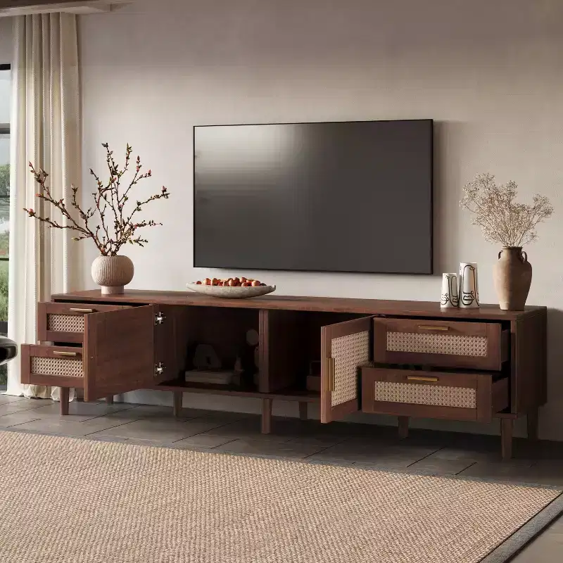 GDFStudio Asaiah Boho 78 TV Stand with Rattan Design, Media Console with 4 Drawers