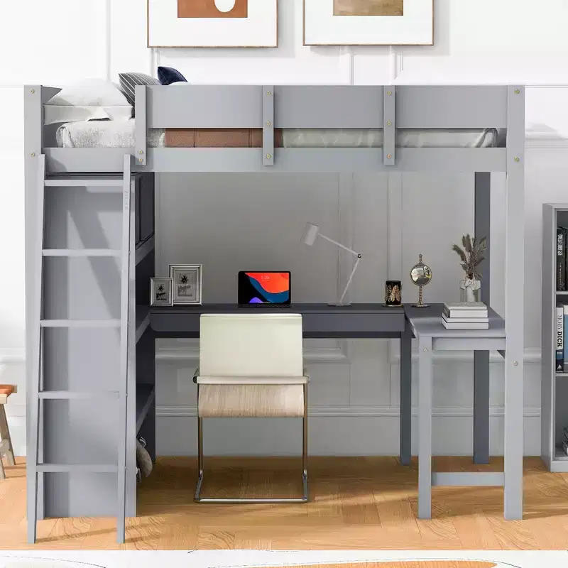 Full Size Loft Bed with Desk & Shelf - Solid Pine, 400 lb Capacity