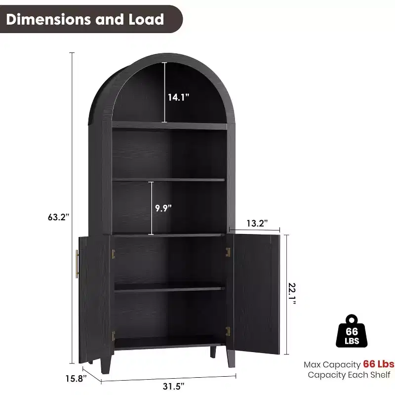 Arched 5-Tier Bookshelf with Doors  Modern Display Shelf with Rattan Details, Storage Cabinet for Home Office, Living Room, or Library