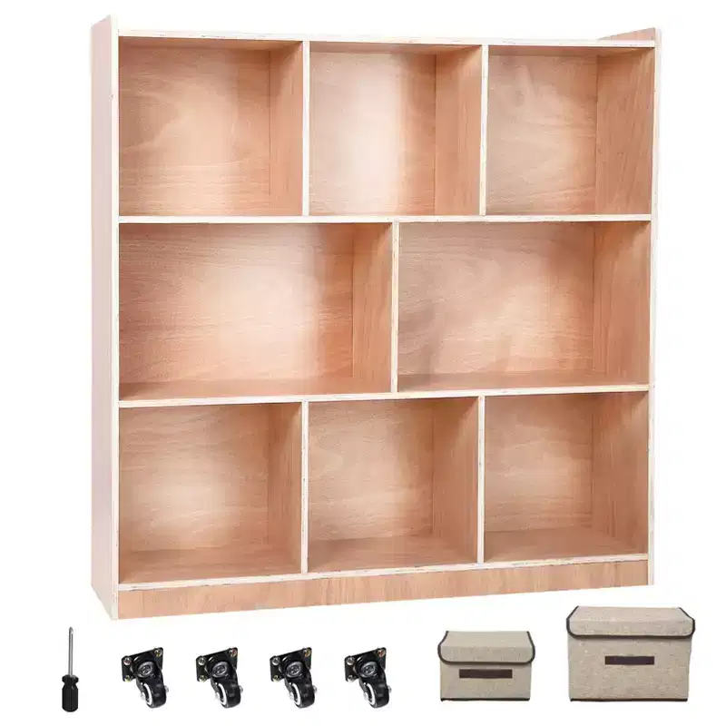 3-Tier Montessori Wood Shelves Toy Organizers and Storage, 8-Compartment Storage Cabinet w/4 Wheels, for Toddler Kids Room, Classroom, Nursery