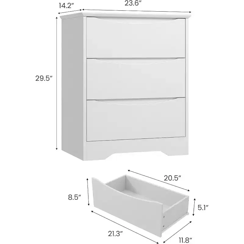 Wooden Dresser with 3 Drawers, Tall Modern Closet with Deep Storage, Long Storage Dresser for Bedroom, Living Room, White