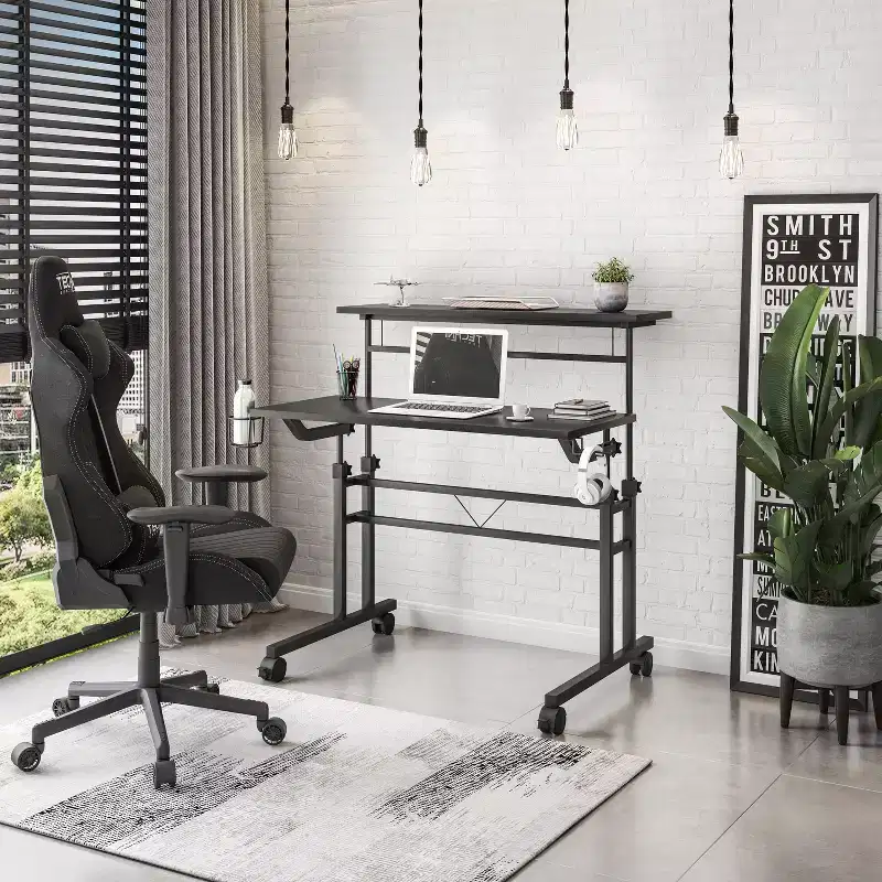 Rolling Writing Desk with Height Adjustable Desktop, Movable Shelf, Locking Wheels, Cup Holder and Headphone Holder for Office