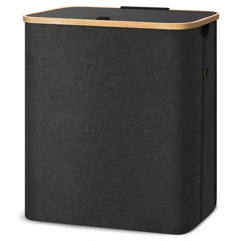 4bu Laundry Hamper with Lid, Bamboo Pull Handles, Large Capacity, Internal Support