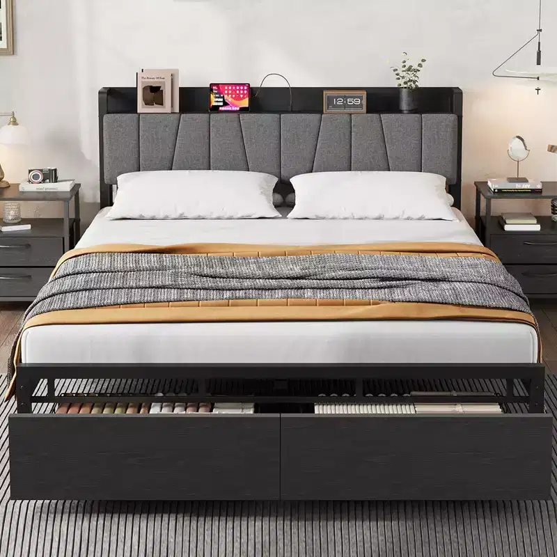 Whizmax Full Size Bed Frame with Upholstered Headboard, Industrial Full Platform Bed with 2 Storage Drawers and Charging Station, No Box Spring Needed
