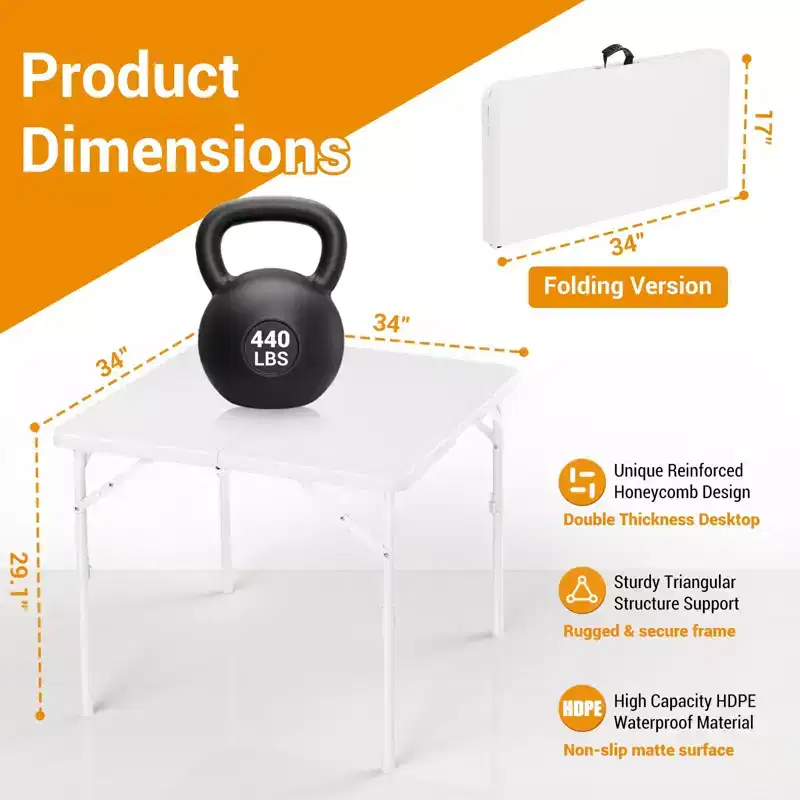 34'' Square Folding Card Table, Fold-in-Half Portable Dining Table with Handle and Safety Lock, Foldable Plastic Dining Tables for Camping Party