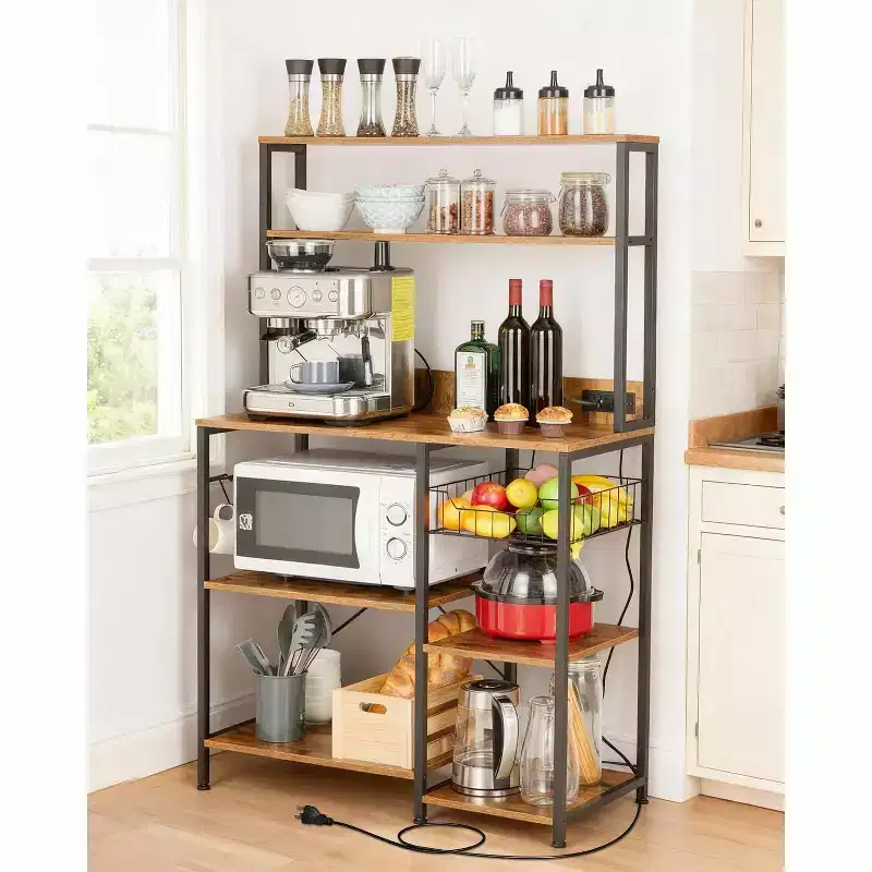 Kitchen Bakers Rack Rustic Brown Storage Shelf with Power Outlet,4-Tier Microwave Stand & Coffee Bar Table(Includes 6 S-Hooks for Pots)