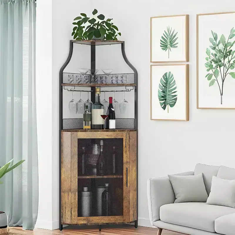 CuisinSmart Corner Wine Bar Cabinet with Detachable Wine Rack, Bar Cabinet with Glass Holder, Small Sideboard and Buffet Cabinet with Mesh Door