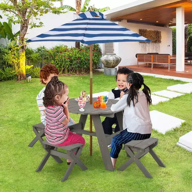 Costway Kids Wooden Table Set with Octagon Table 4 Stools & Removable Adjustable Umbrella Grey/Natural