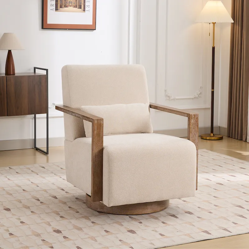 Mid-Century Boucle Upholstered Swivel Armchair With Pillow