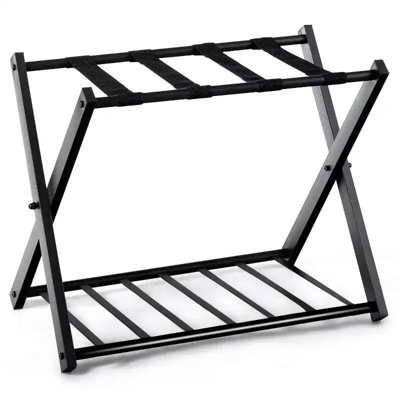 Folding Luggage Rack with Shelf Travel Suitcase Shoe Storage Holder Wood Stand