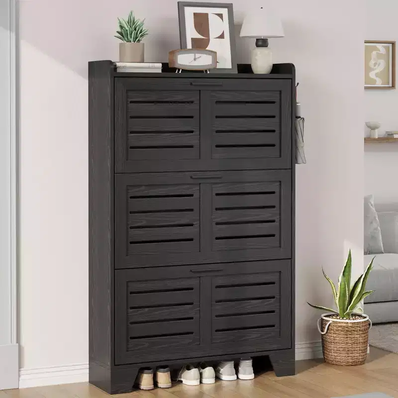 Slim 3-Drawer Shoe Cabinet with Ventilated Doors & Hooks - Space-Saving Entryway Storage Organizer