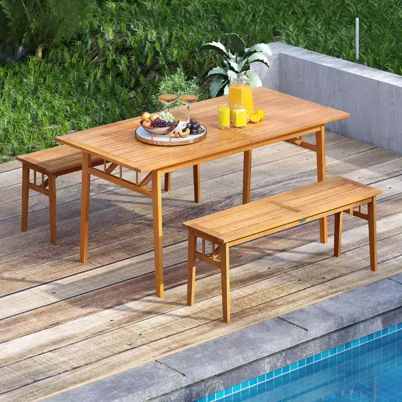 Gymax 3PCS Patio Dining Set Rectangular Picnic Table & 2 Benches w/1.97 Umbrella Hole