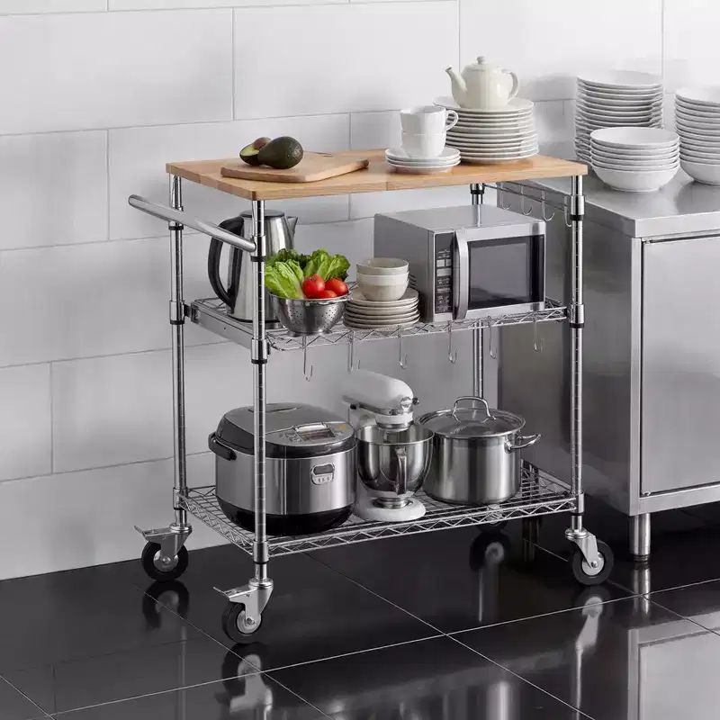 Kitchen Utility Cart, 3 Tier Heavy Duty Adjustable Wire Storage Rack with Wood Tabletop and Handle Bar, Silver
