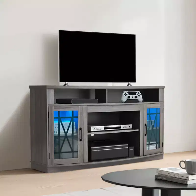VEVOR TV Stand for TVs up to 65 inch, Farmhouse Entertainment Center with Light Strip, Wooden TV Cabinet Storage with Glass Doors, Gray