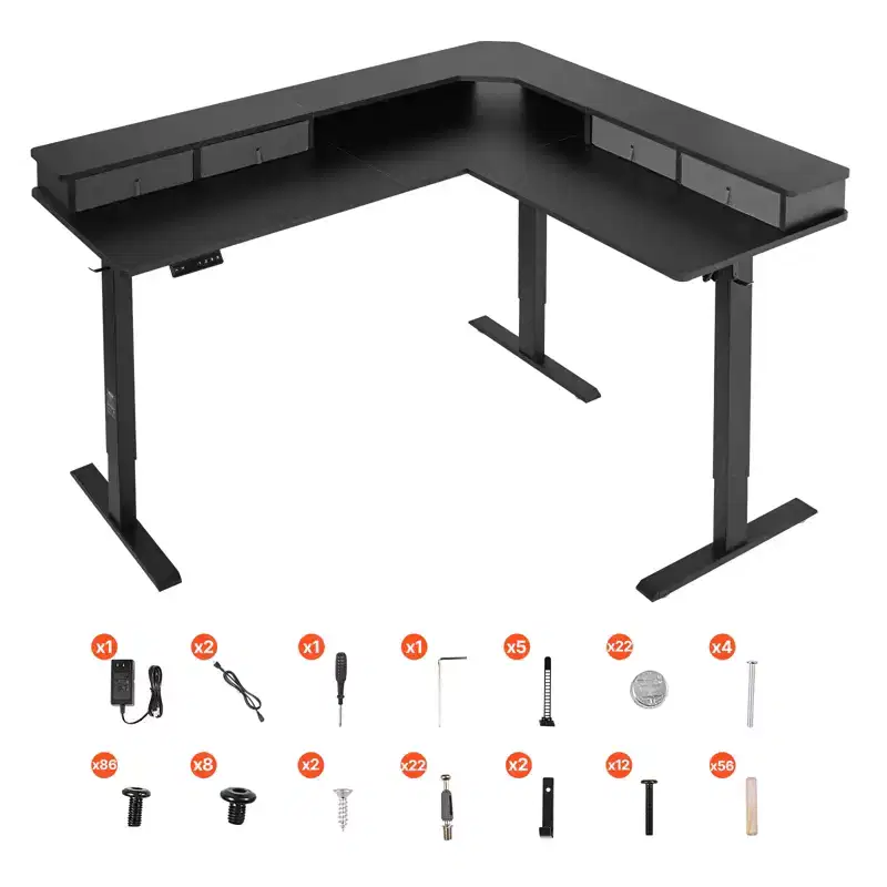 L Shaped Desk, Electric Adjustable Height Corner Gaming Desk with CPU Stands, Dual Hooks and Fabric Drawers, L-Shaped Computer Table, Black