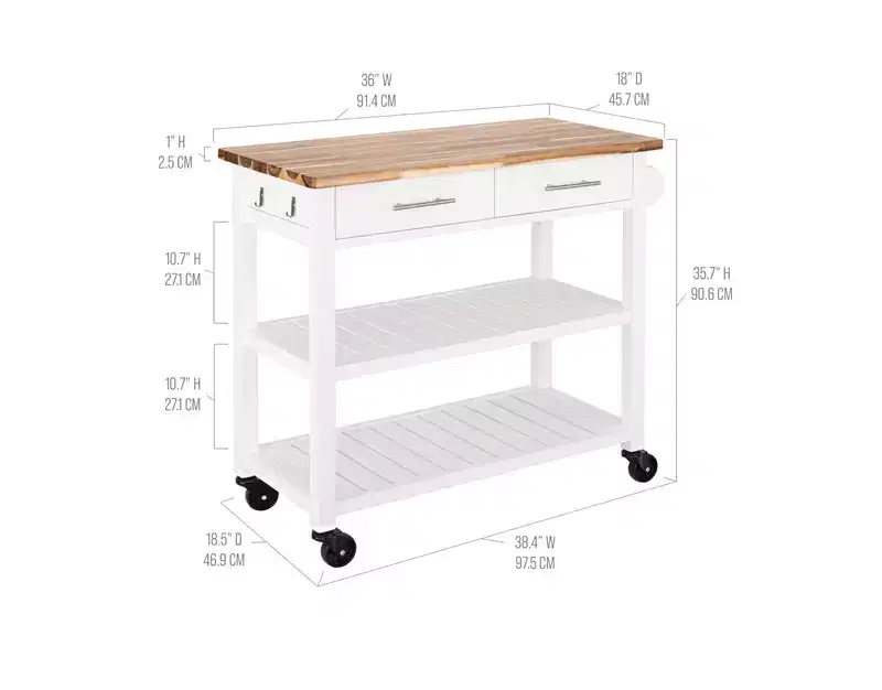 Acacia Wood Top Rolling Kitchen Cart Island Table with Drawers, 38.4 W x 18.5 D, White