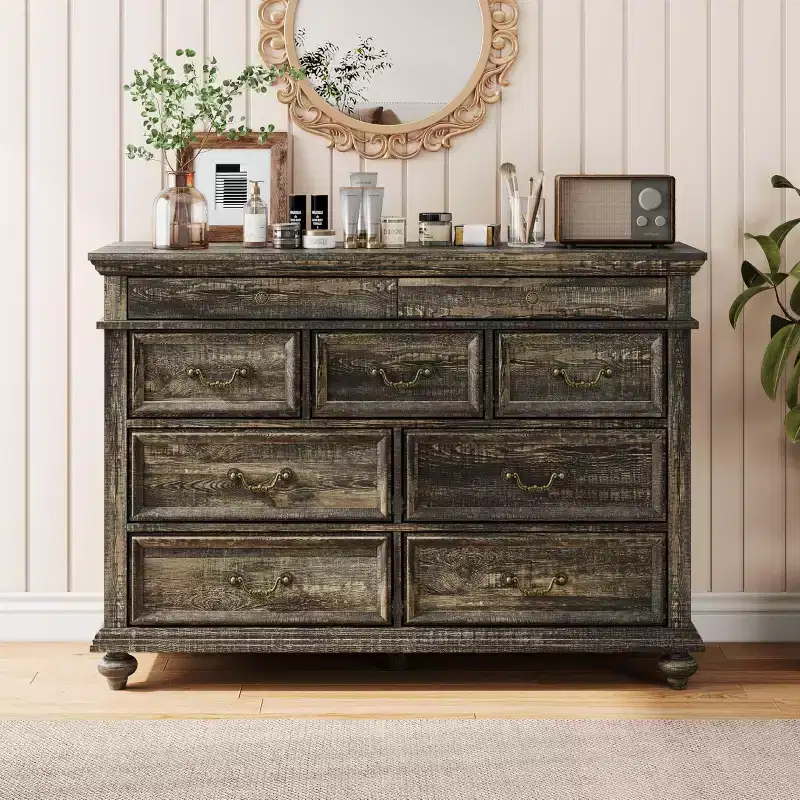 Farmhouse 9 Drawers Dresser for Bedroom, 47 Wide Wood Rustic Chest of 9 Drawers with Metal Handles, Large Storage Dressers Organizer