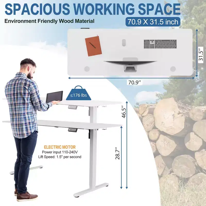 71'' Adjustable Height Standing Office Desk, Computer Desk with Memory Preset, Splice Tabletop, White Frame