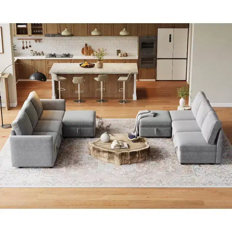 Acekool 6-Piece L-Shaped Sectional - Storage Ottoman, Chenille Fabric, Gray