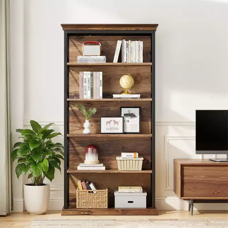 6-Tier Metal & Wood Bookcase with Stylish X Pattern Accents