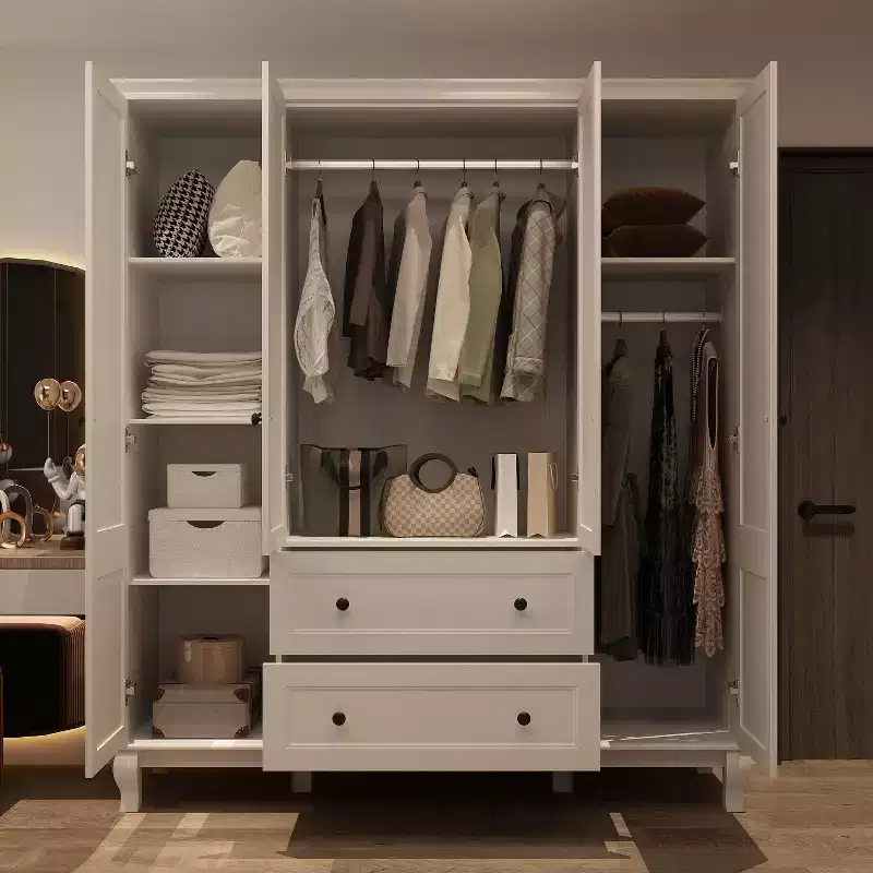 Famapy White Freestanding Wood Armoire With Drawers and Hanging Rods