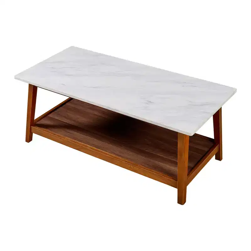 Teamson Home Kingston Coffee Table with Faux Marble Top and Storage Shelf, Walnut