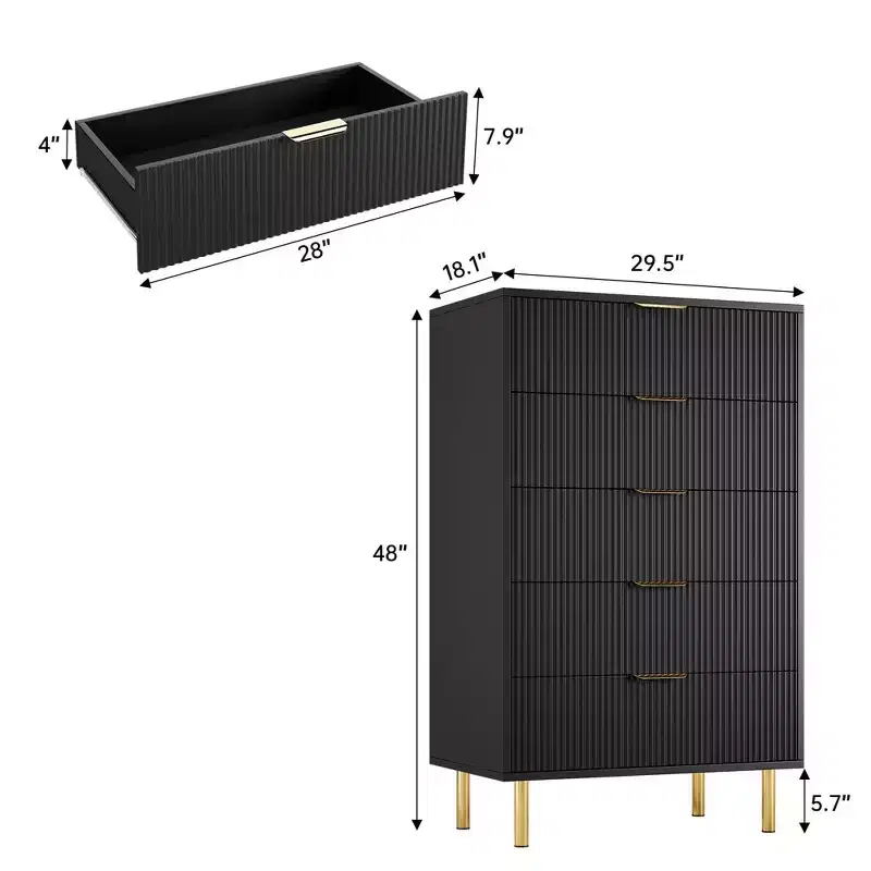 Acekool White 5 Drawer Dresser for Bedroom, Modern Storage Chest with Gold Handles, Large Drawers, Organizer Cabinet for Living Room, Hallway, Office
